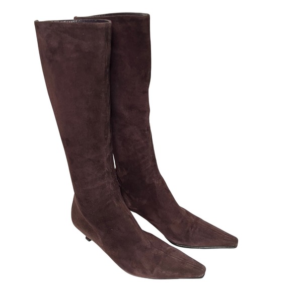 Jimmy Choo Shoes - Jimmy Choo Boots Womens Size 37.5 Suede Knee High Brown Kitten Heel Pointed Toe